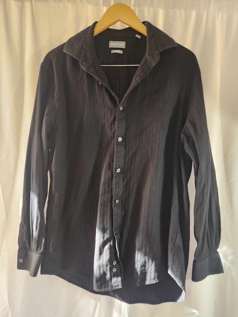 Michael Kors Slim Fit Black Herringbone Button-Up Long Sleeve Men's Shirt L 16.5